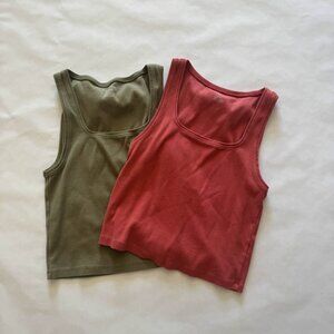 American Eagle Ribbed Cropped Tank | Large Coral Olive